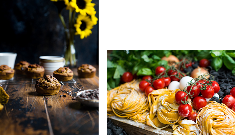 Muffin and pasta with cherry tomatoes